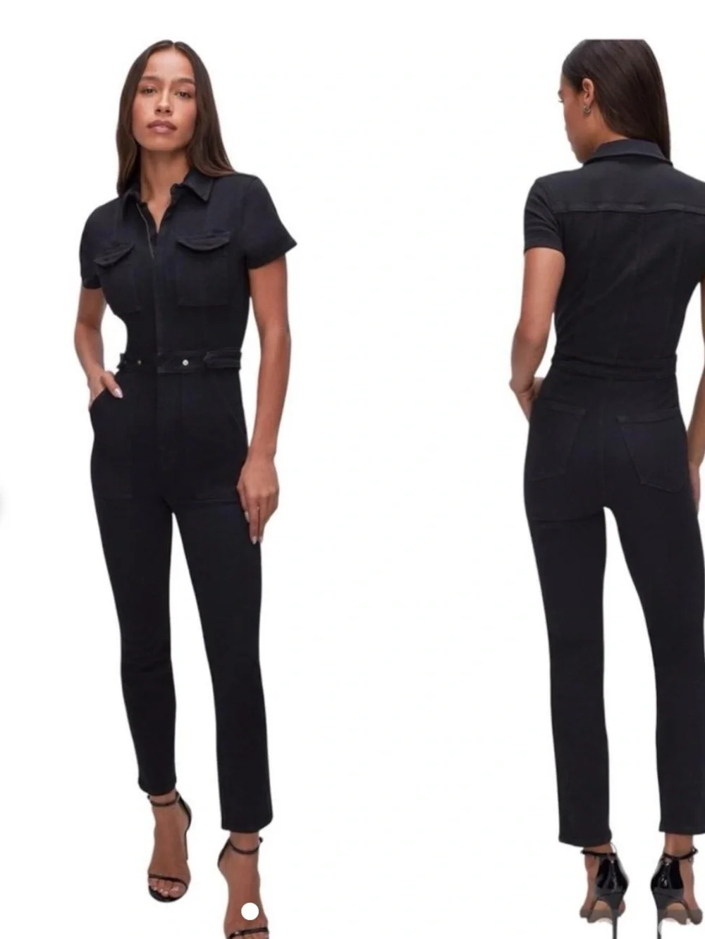 Good American Slim Short-Sleeve Black Utility Jumpsuit - Picture 1 of 7